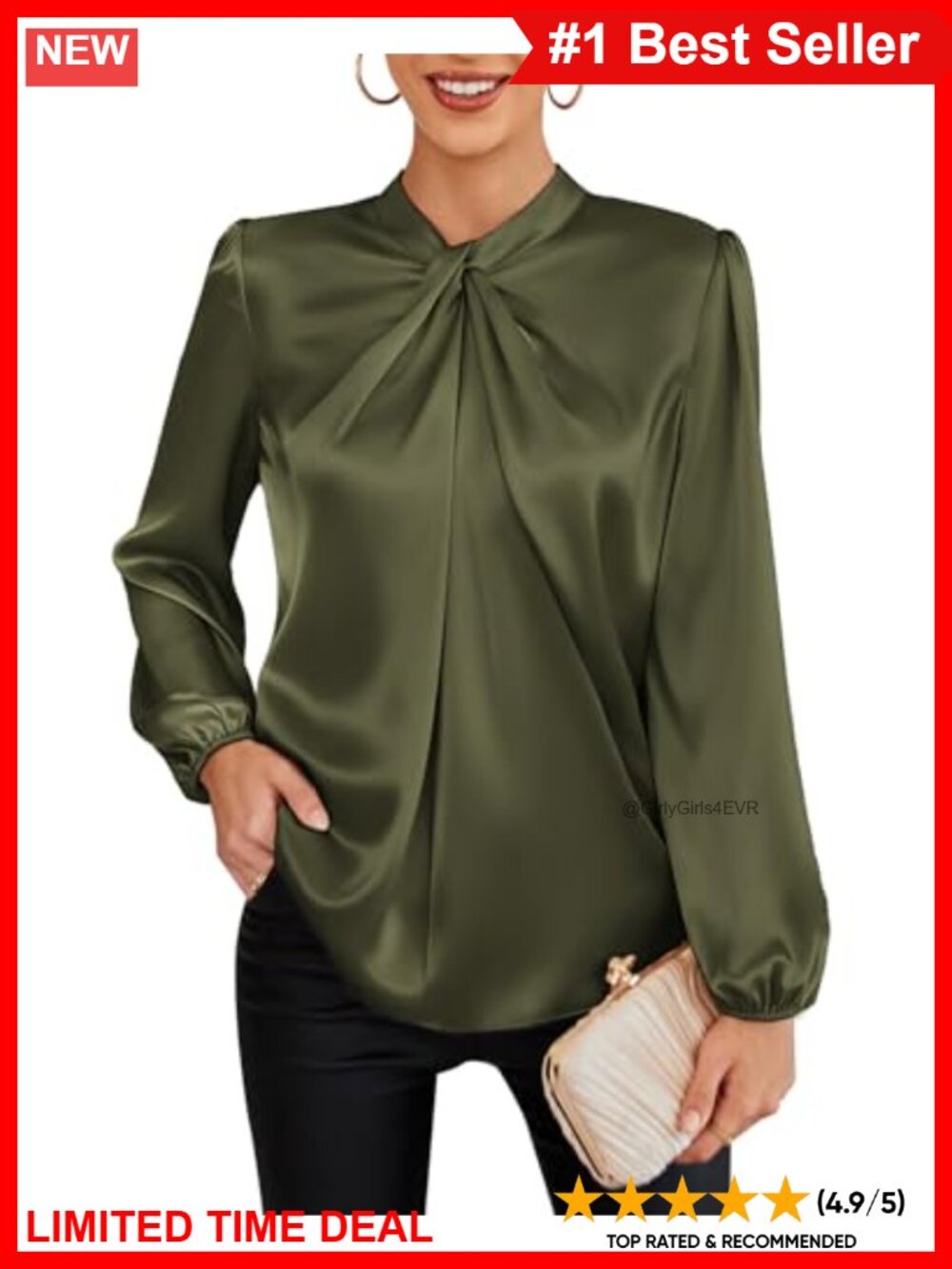 Satin Mock Neck Long Sleeve Blouse Twist Neck Lantern Sleeve Work Top